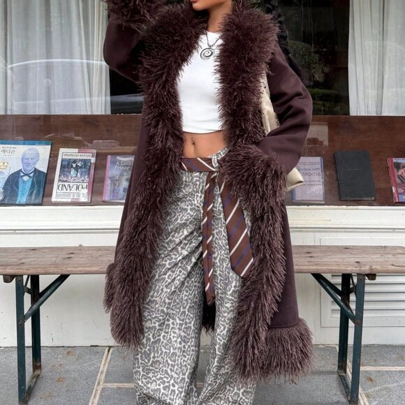 Brown Long Fuzzy Women's Winter Coat - Picture 5 of 6